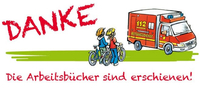 Illustration zwei Kinder auf dem Fahrrad schauen zu einem Krankenwagen